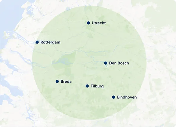 Kaart met werkgebieden in Nederland: Utrecht, Rotterdam, Breda, Tilburg, Eindhoven en Den Bosch.
