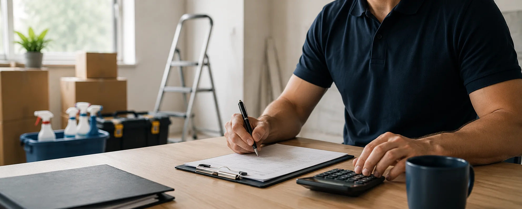 Glimlachende medewerker met tablet in een leeggeruimde woning bij de voordeur.