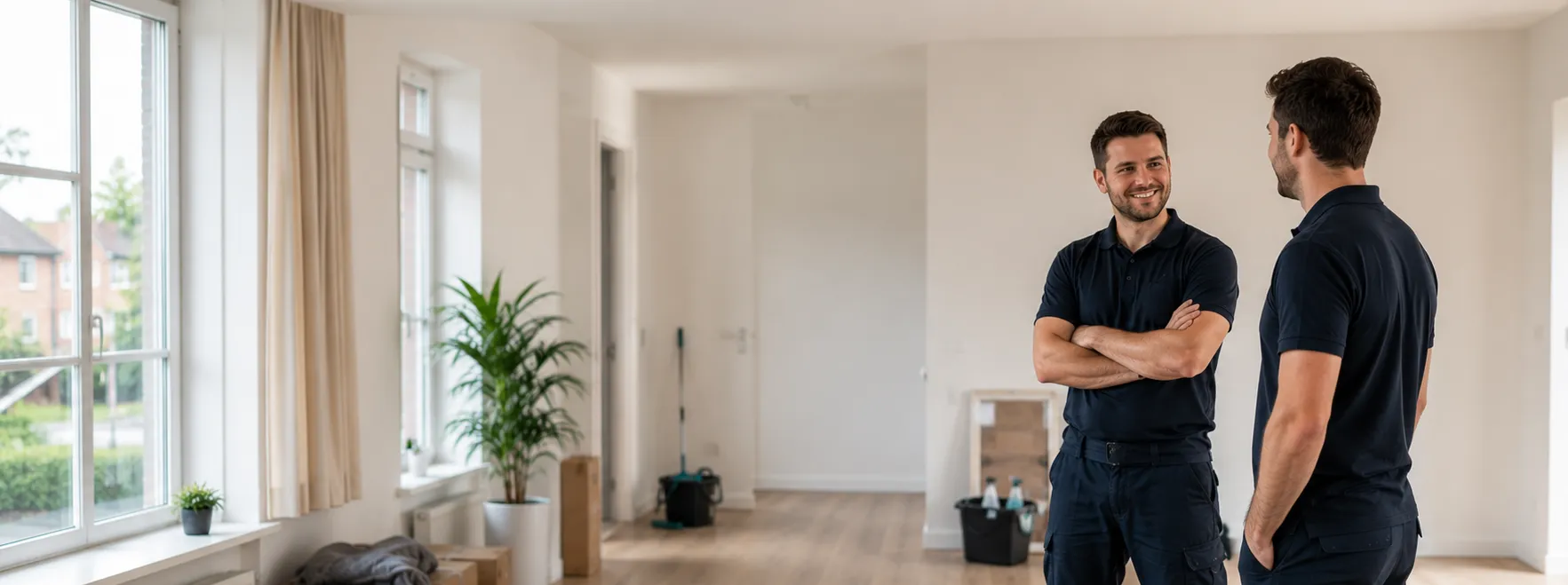 Twee medewerkers in uniform overleggen in een leeg, licht appartement tijdens werkzaamheden