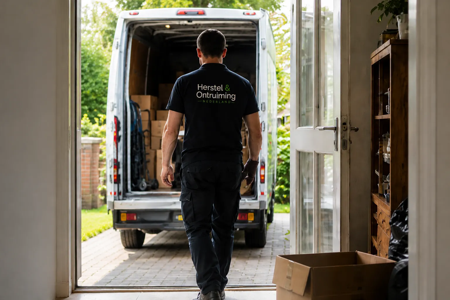 Glimlachende medewerker met tablet in een leeggeruimde woning bij de voordeur.